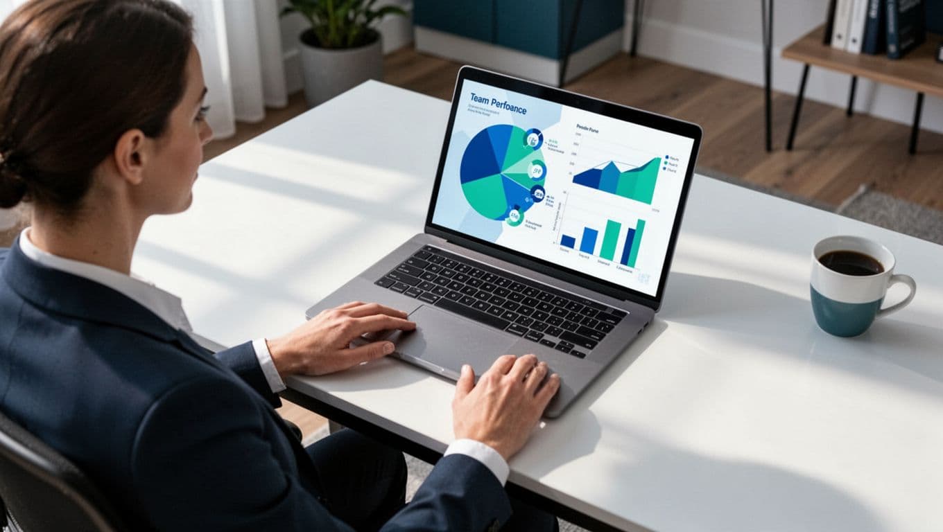 Recruiter at home office desk focuses on laptop screen showing colorful charts for team recruiting metrics.