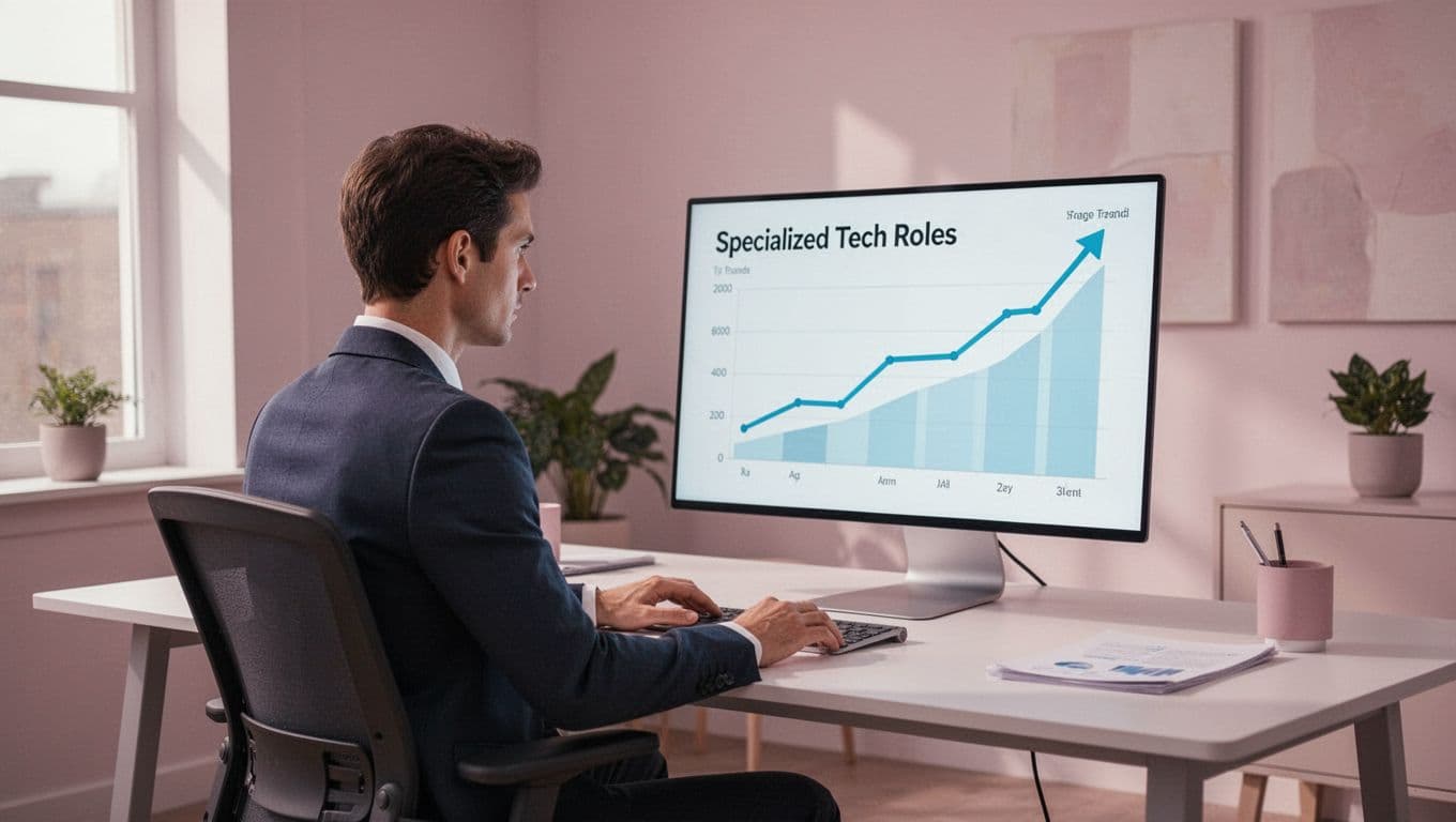 Modern illustration of a recruiter at a desk focused on a dashboard screen displaying rising trend graphs for specialized jobs like AI engineers and cybersecurity experts in a clean office with soft natural lighting.