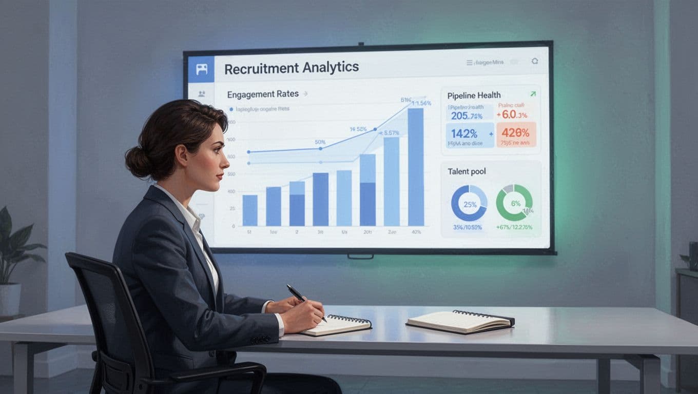 Recruiter at desk views large screen with bar graphs on engagement rates, pipeline health, and highlighted talent pool metrics.