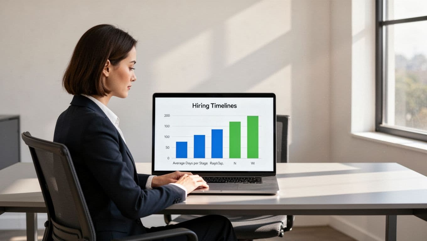 Recruiter in office examines screen bar chart of time to hire metrics across roles and laptop stage charts.