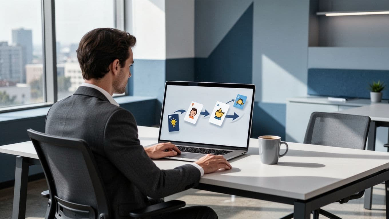Recruiter at modern desk in bright office with laptop showing Kanban board, candidate cards moving from Sourced to Screened via arrows.