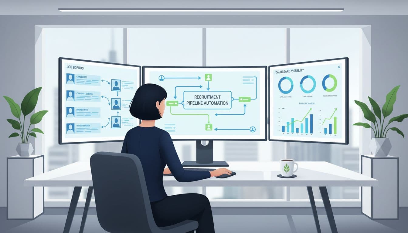 Recruiter at desk with screens showing recruitment pipelines, candidate profiles, and charts in modern office.