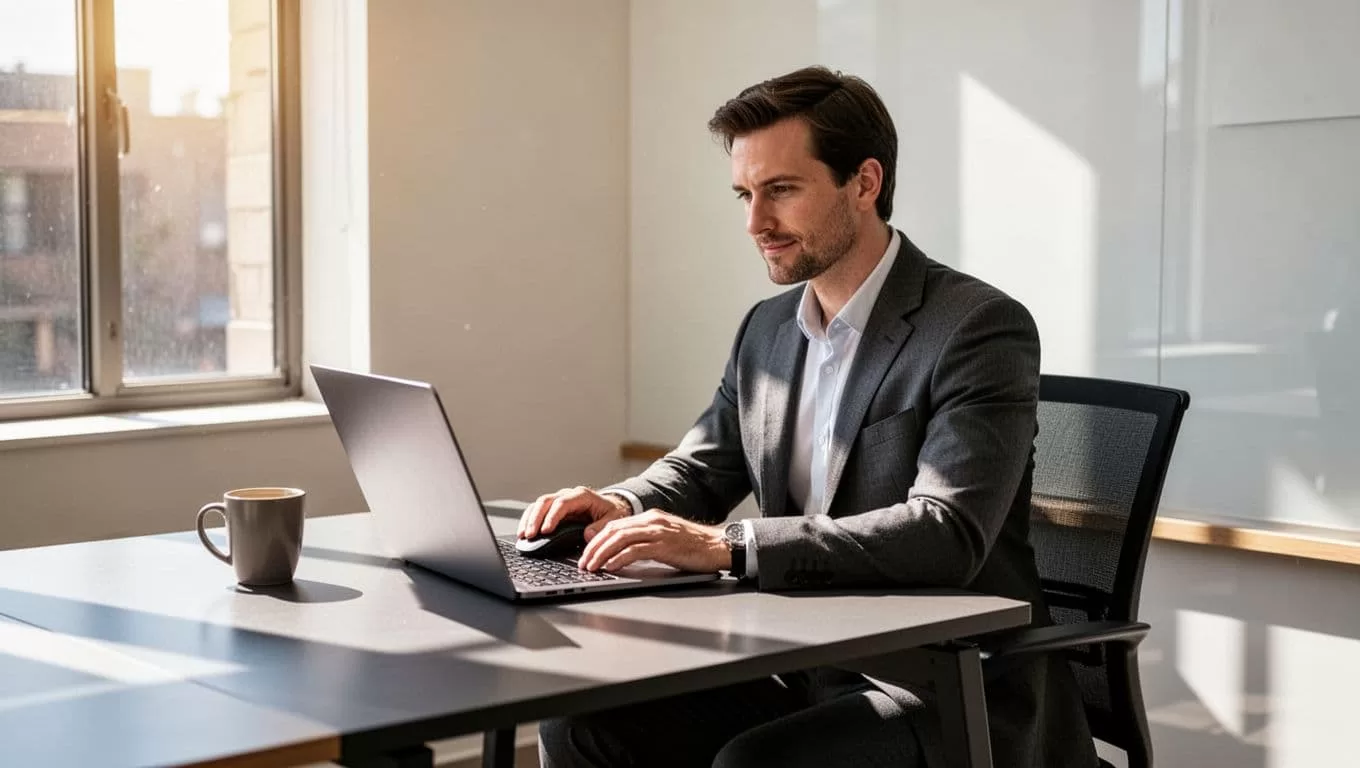 Recruiter sits relaxed at modern desk with angled laptop showing automation workflow, coffee mug nearby, bright window light.
