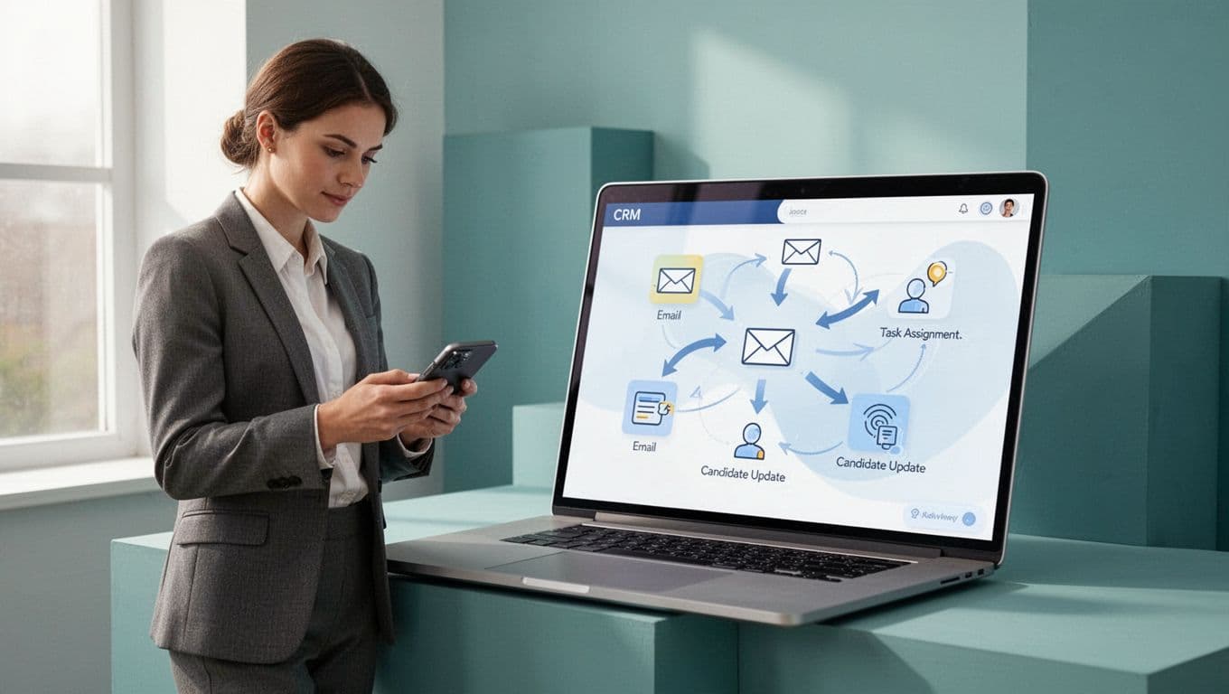 Laptop screen shows abstract diagram with arrows connecting email send, task assignment, and candidate update icons in Recruit CRM; recruiter reviews phone nearby.