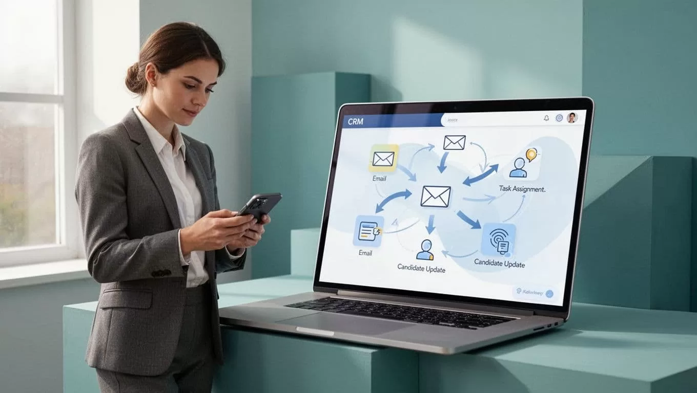 Laptop screen shows abstract diagram with arrows connecting email send, task assignment, and candidate update icons in Recruit CRM; recruiter reviews phone nearby.