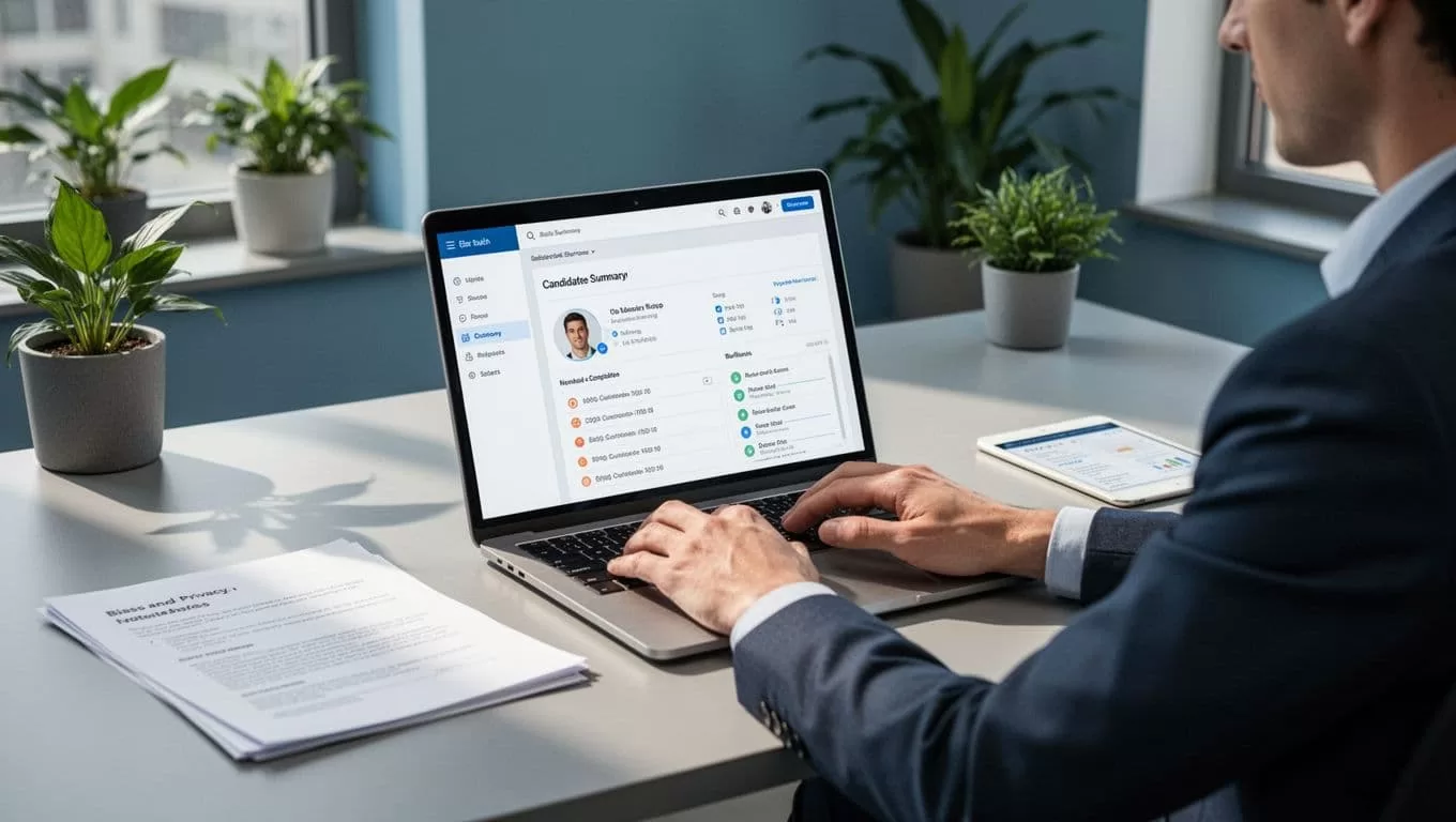Recruiter at modern desk reviews laptop screen with bias checklists and privacy notes nearby.