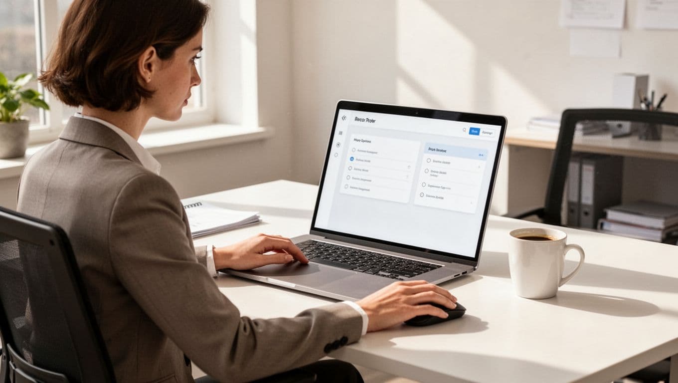Modern illustration of a recruiter sitting at a clean desk in a bright office, laptop open to a simple email dashboard with candidate lists, hand on mouse, coffee mug nearby.