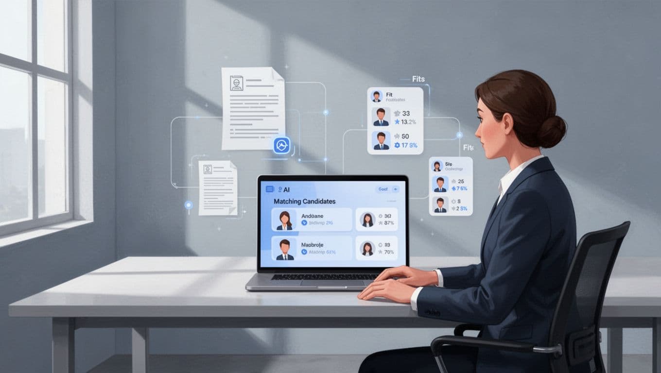 Recruiter at desk views laptop screen displaying ranked resumes and profiles by fit scores in simple office.