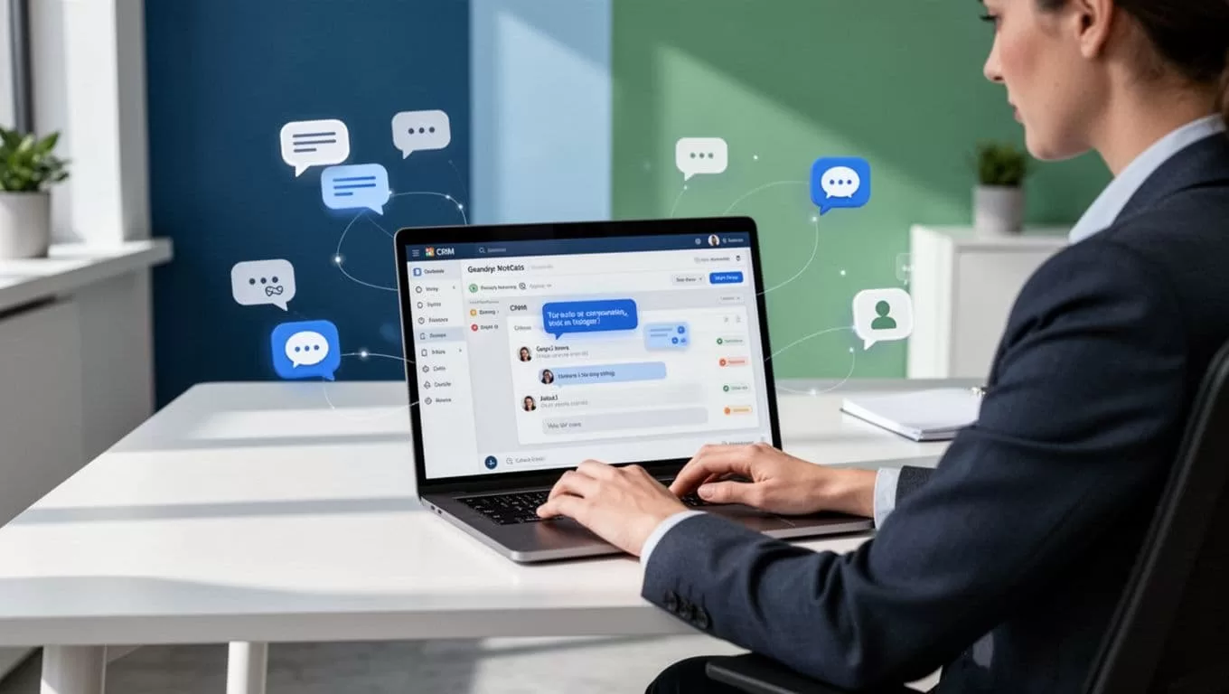 Recruiter at desk with laptop open to Recruit CRM interface, linked to WhatsApp and Slack chat bubbles.