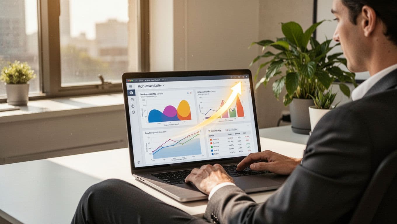 Modern illustration of a recruiter in a relaxed pose reviewing an email analytics dashboard on a laptop, featuring graphs for open rates and delivery success with a thumbs up icon for high deliverability. The scene includes a sunny window and office plant in the background, with strong composition and controlled palette.