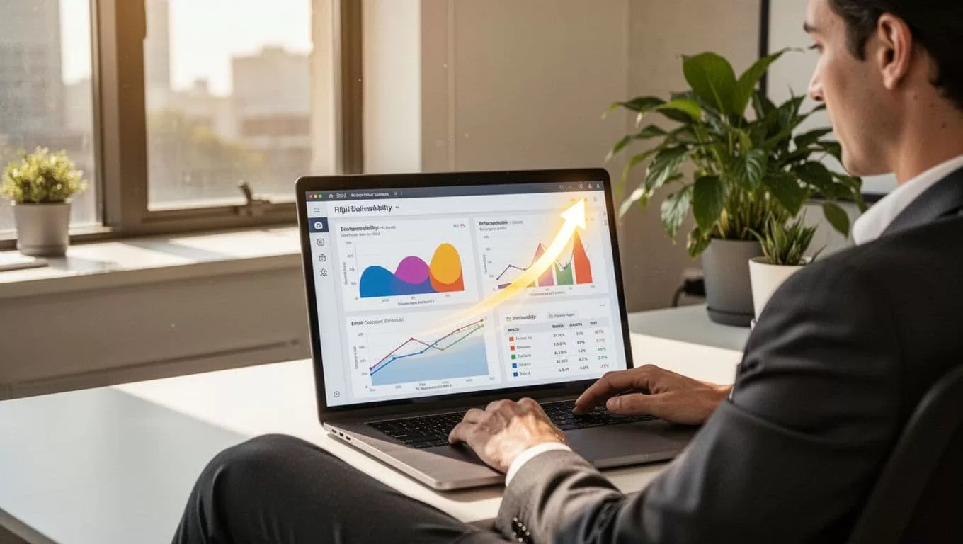 Modern illustration of a recruiter in a relaxed pose reviewing an email analytics dashboard on a laptop, featuring graphs for open rates and delivery success with a thumbs up icon for high deliverability. The scene includes a sunny window and office plant in the background, with strong composition and controlled palette.