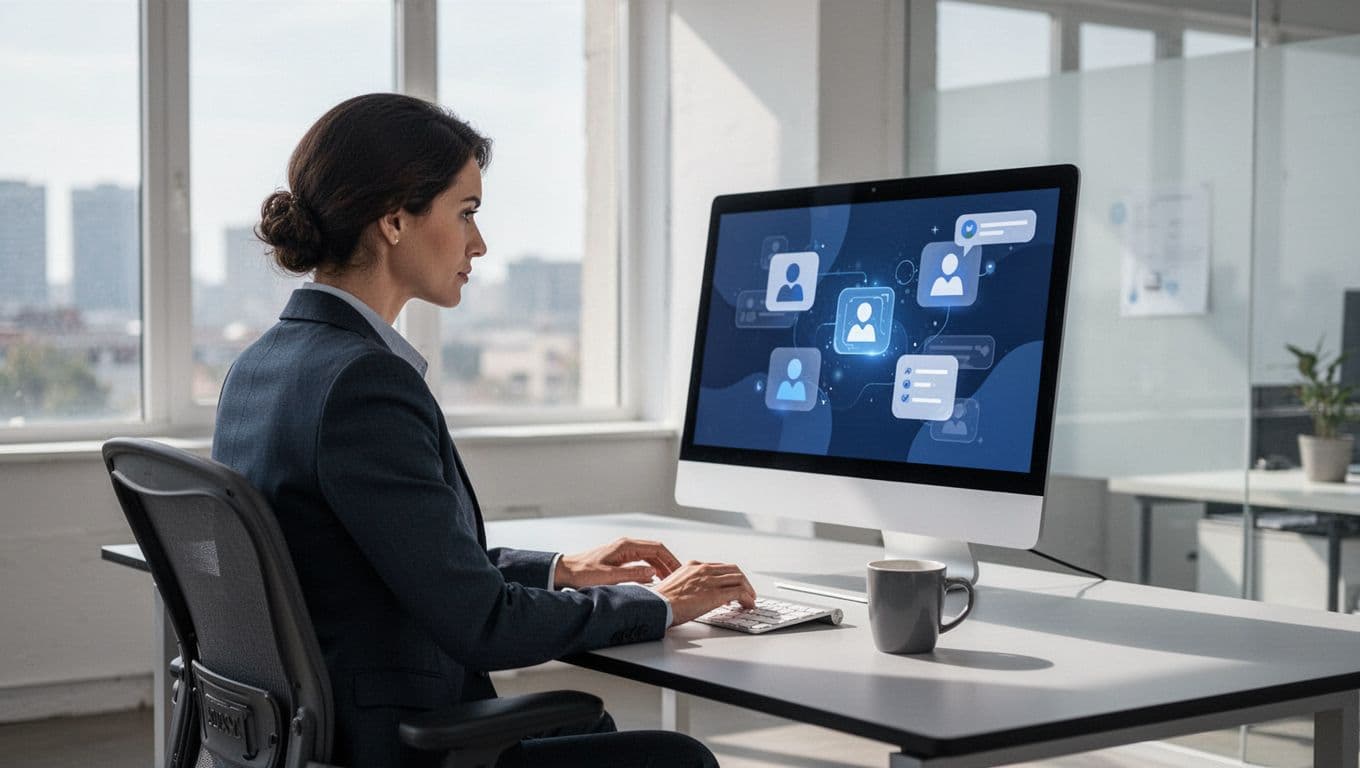 Recruiter in bright office checks computer screen showing incoming applications from job boards with notifications and coffee mug nearby.