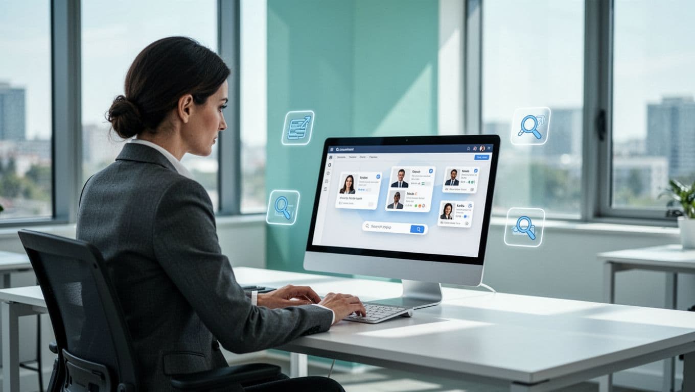 Recruiter at desk focuses on laptop showing LinkedIn profiles through Chrome extension, with floating candidate cards and search icons.