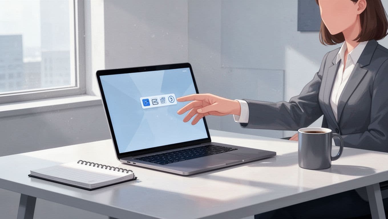 Recruiter at modern desk hovers hand toward Chrome extension icon on laptop showing angled LinkedIn profile.