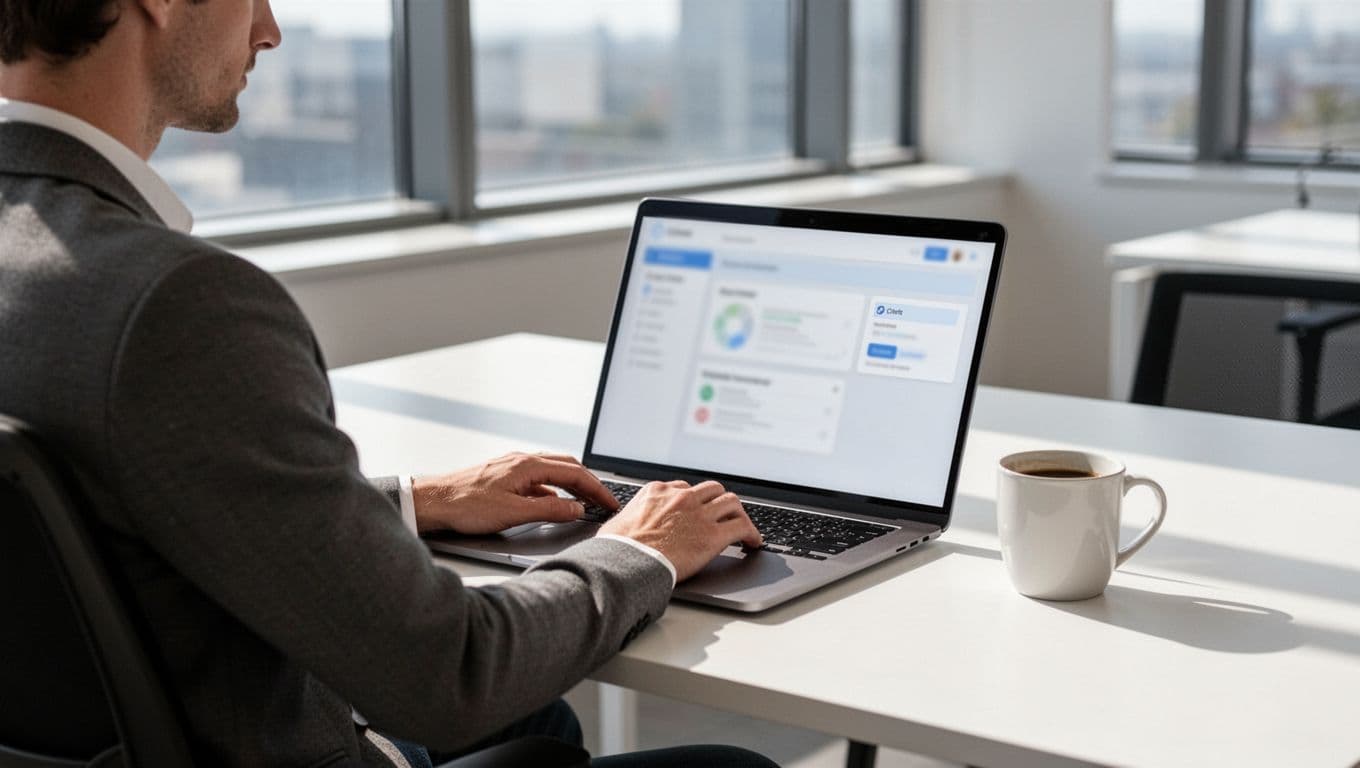 A single recruiter sits relaxed at a desk in a bright office, laptop open to a slightly blurred client portal dashboard interface, hands on keyboard, coffee mug nearby, modern illustration with clean shapes and natural lighting.