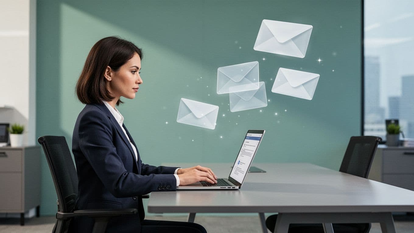 Side view of recruiter at desk with laptop showing email compose window and floating envelopes.