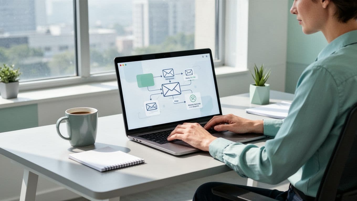 Illustration of a recruiter at a modern desk configuring automated email sequences in a CRM dashboard on a laptop screen, coffee mug and notepad nearby, clean office with window light. Modern illustration style with clean shapes, soft blues, greens, whites, strong centered composition, natural soft lighting, exactly one person.