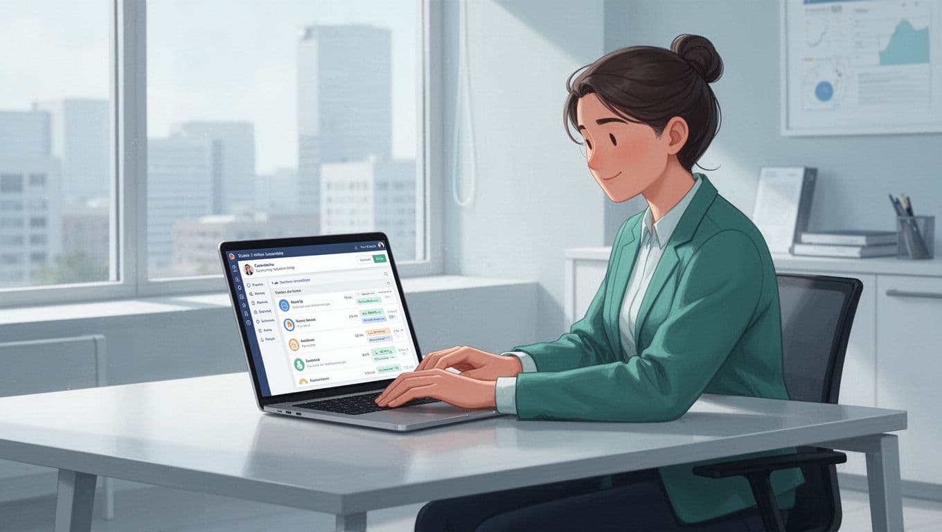 A single recruiter at a clean modern desk in a bright office configures a recruitment CRM dashboard on a laptop, showing candidate database setup with relaxed hands typing on the keyboard.