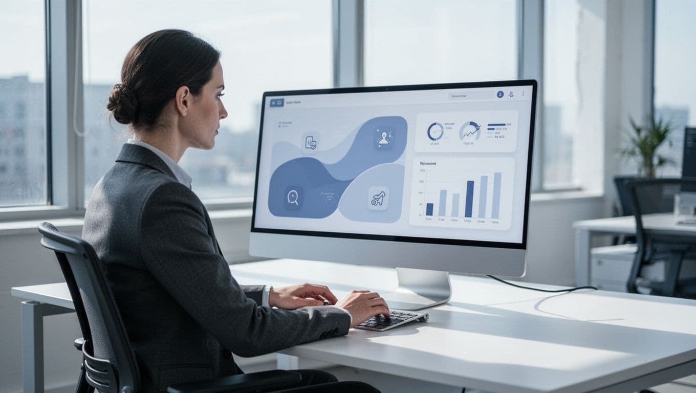 A single recruiter at a modern desk in a bright office, with laptop open to a recruitment dashboard showing sourcing tool setup options like API keys and search preferences. Modern illustration style with clean shapes, cool blue and white palette, focused composition.