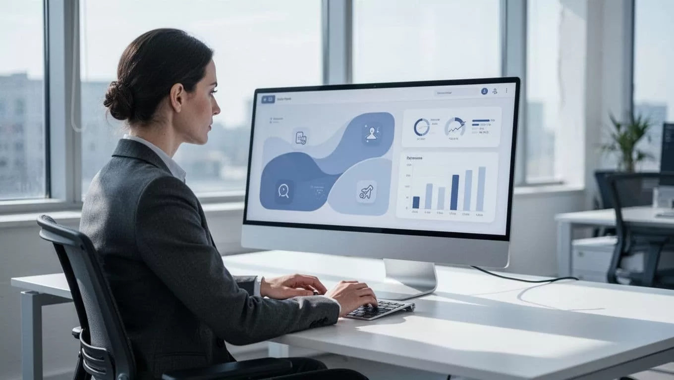 A single recruiter at a modern desk in a bright office, with laptop open to a recruitment dashboard showing sourcing tool setup options like API keys and search preferences. Modern illustration style with clean shapes, cool blue and white palette, focused composition.