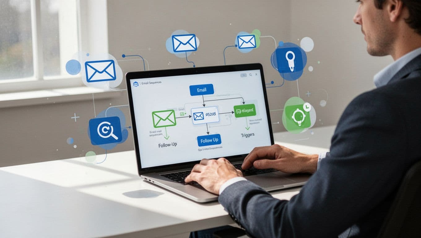 Recruiter sits relaxed in office configuring laptop screen with email sequence icons and triggers for candidate follow-ups.