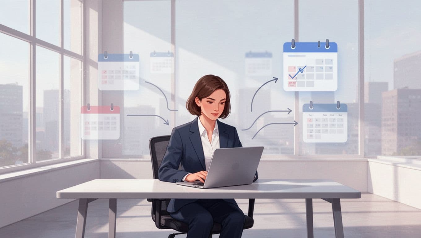 Recruiter at laptop in modern office creates scheduling link on screen with workflow arrows to background candidates calendars.
