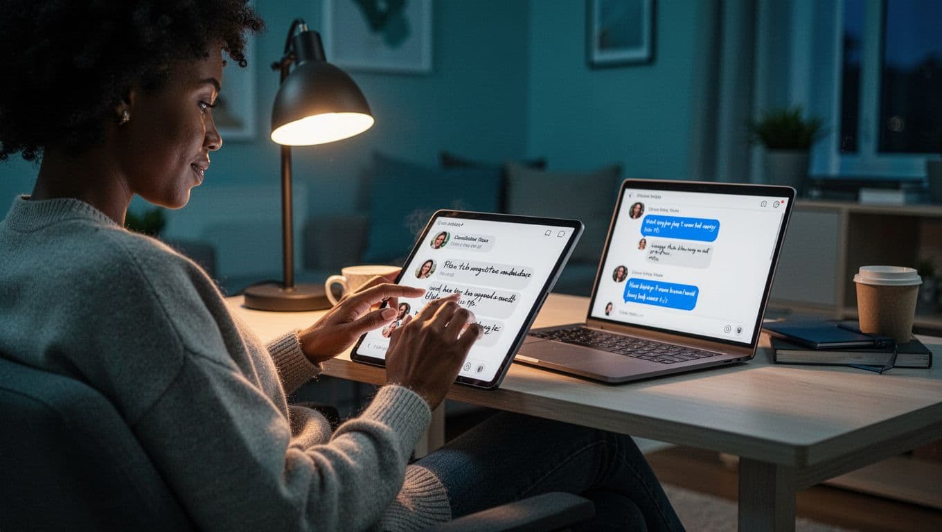 Diverse recruiter in cozy evening home office views candidate profiles on laptop and mobile, with chat bubbles and notes under warm lamp light.