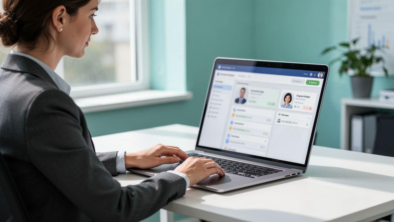 A recruiter in a bright modern office sits at a desk with a laptop open to a CRM dashboard showing organized candidate profiles and search filters, captured in side view with hands resting nearby.