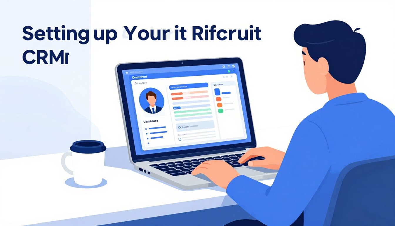 Modern illustration of a recruiter at a desk with laptop displaying colorful candidate pipeline board on Recruit CRM dashboard screen, in clean blues and whites, simple office with coffee mug and natural lighting.
