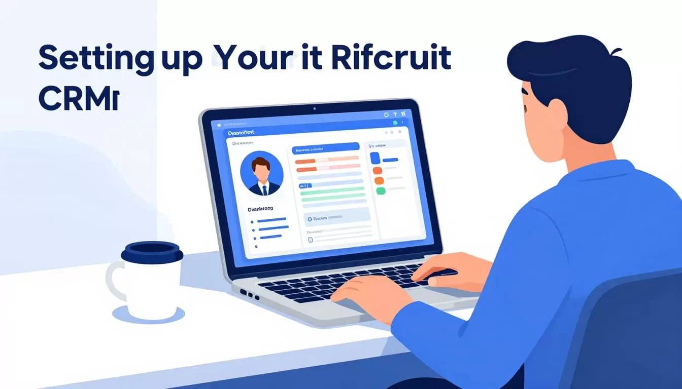 Modern illustration of a recruiter at a desk with laptop displaying colorful candidate pipeline board on Recruit CRM dashboard screen, in clean blues and whites, simple office with coffee mug and natural lighting.