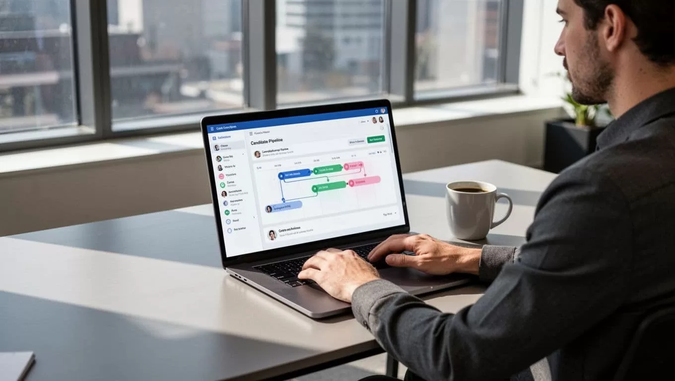 Recruiter sits at modern office desk with laptop open to CRM dashboard displaying candidate pipelines and coffee mug nearby.