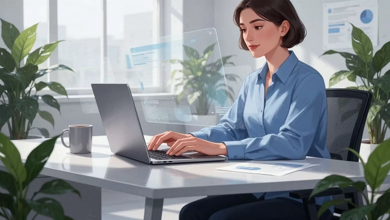 Recruiter sits at modern desk in bright office, focused on laptop screen showing CRM dashboard with candidate lists and filters.