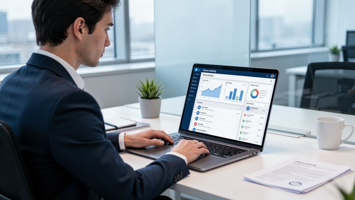 Recruitment professional at desk focuses on laptop CRM dashboard showing client contacts, notes, and activity timeline.
