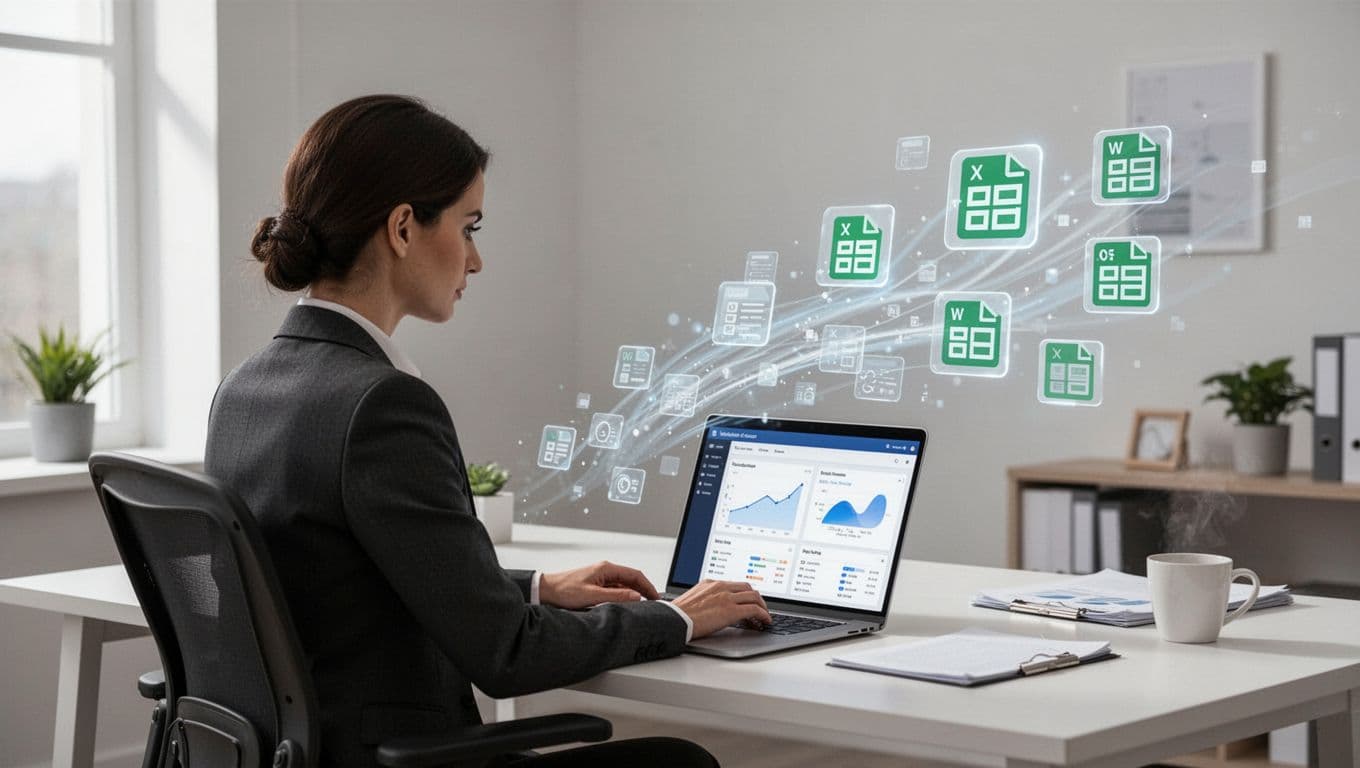 Recruiter at desk with laptop showing Recruit CRM dashboard, data flowing to spreadsheet icons in clean office.