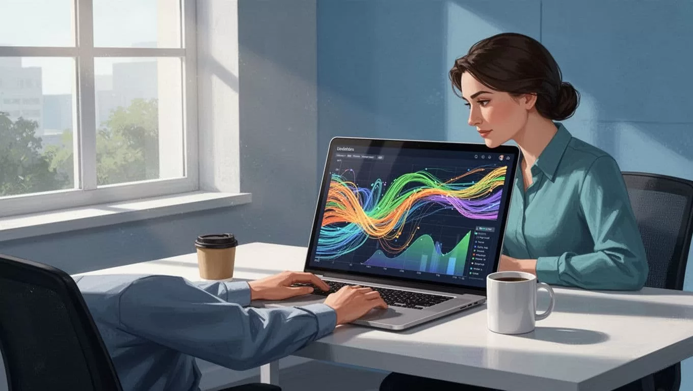Recruiter at clean desk focuses on laptop showing colorful CRM dashboard pipeline, coffee mug nearby, natural window light.