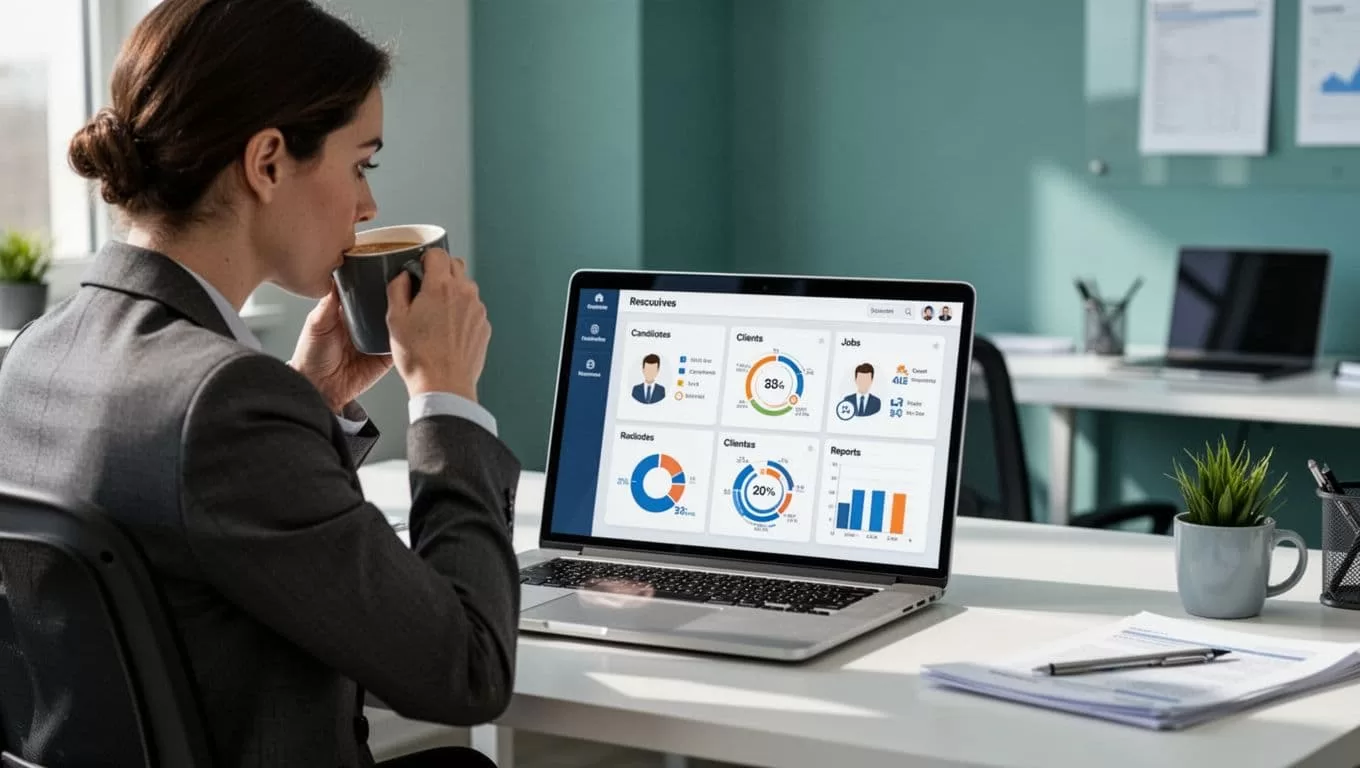 Recruiter focuses on laptop screen displaying integrated CRM dashboard for candidates, clients, jobs, and reports, with coffee mug on desk.