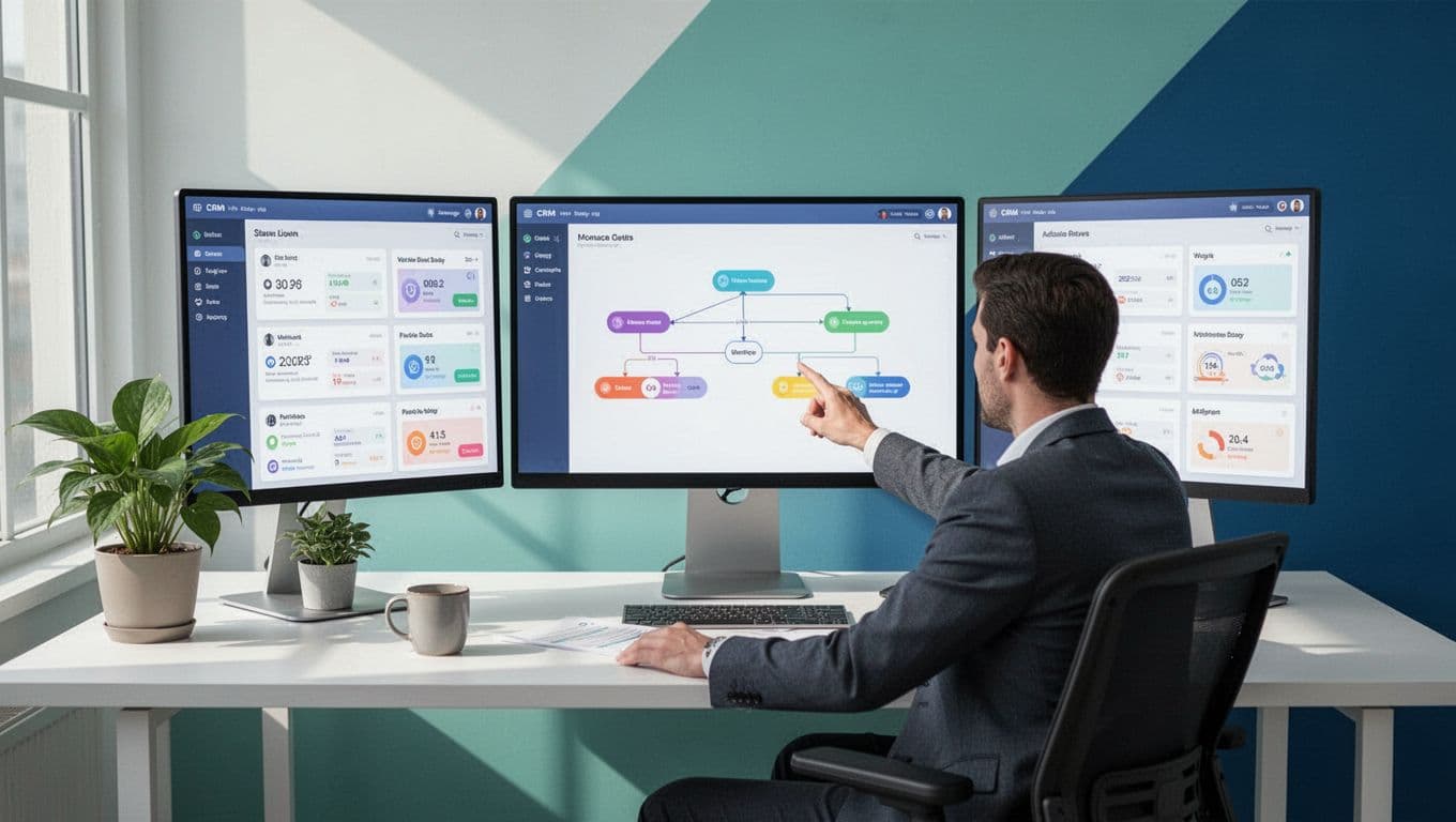 Recruiter at clean desk points to workflow diagram on screen showing CRM dashboards for candidates, jobs, and clients.
