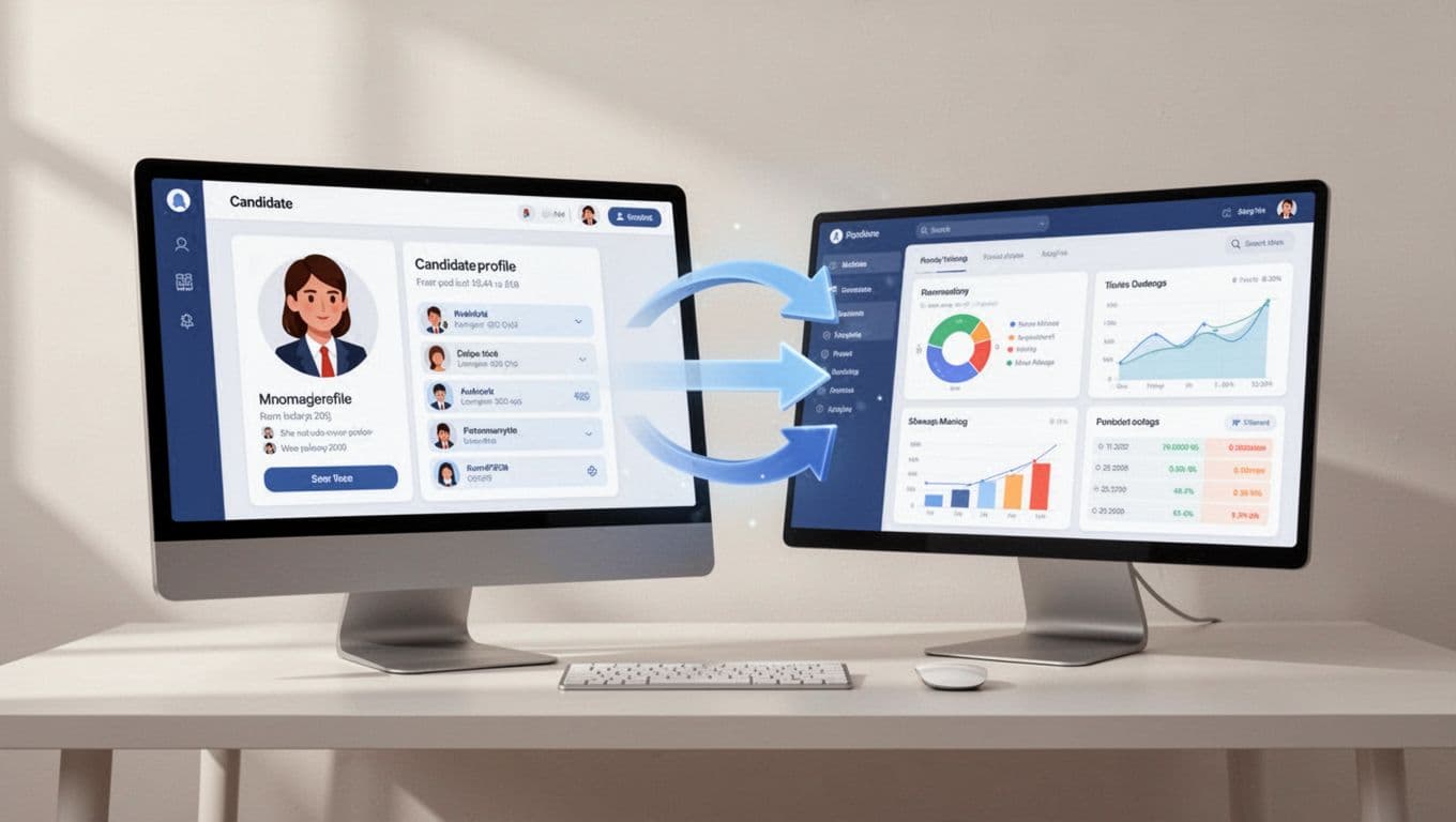 Browser window displays candidate profile with highlighted Chrome extension; arrows show data flowing to CRM dashboard on side screen atop simple desk.