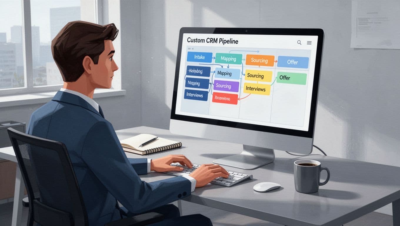 Modern illustration of a recruiter customizing a CRM pipeline on a computer screen in a professional office, featuring drag-and-drop Kanban stages like Client Intake, Candidate Sourcing, Interviews, and Offer.