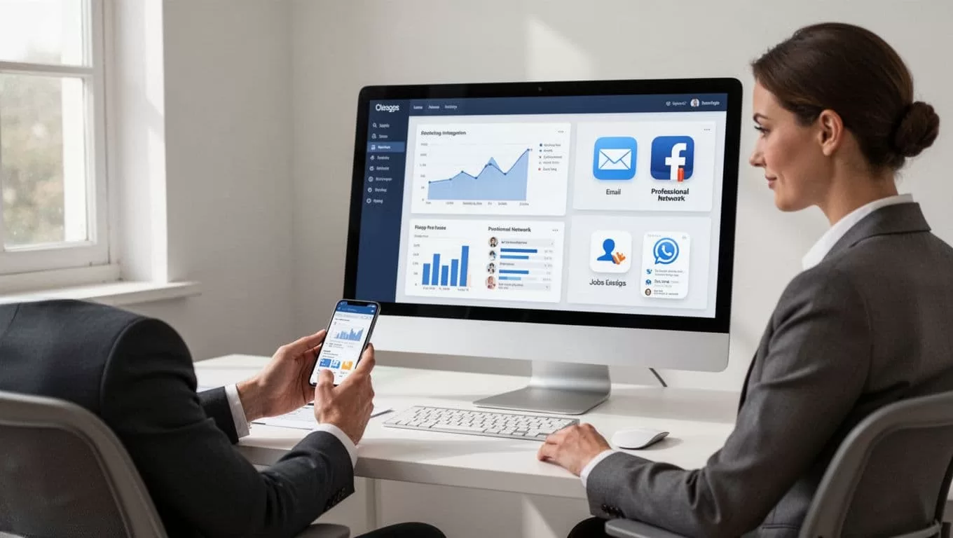 Recruiter reviews phone data beside computer screen showing dashboard charts, reports, and icons for Gmail, LinkedIn, job boards on office desk.