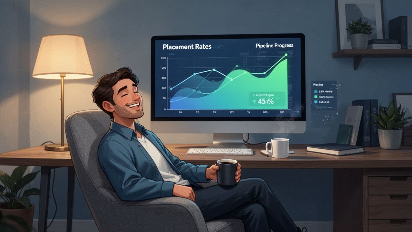 Satisfied recruiter leans back in cozy home office chair viewing charts on computer screen.