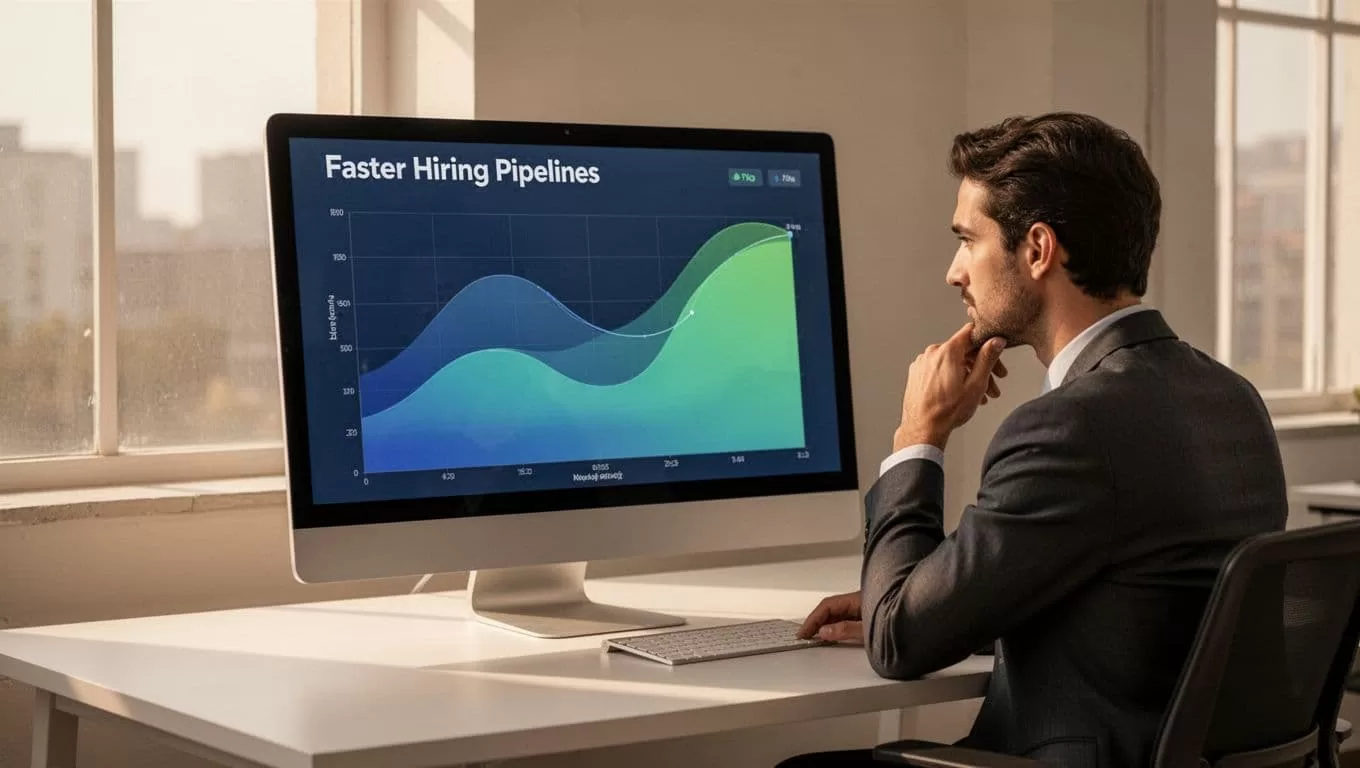 Recruiter with hand on chin reviews large monitor displaying analytics chart of improved candidate pipeline metrics in minimalist office.