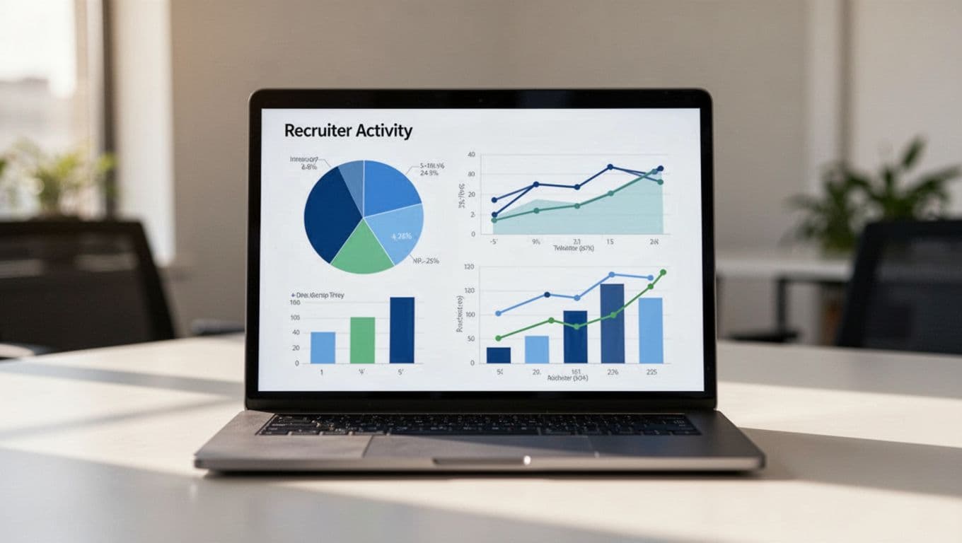 Laptop screen displays pie charts, bar graphs, and line charts of recruiter metrics in simple dashboard.