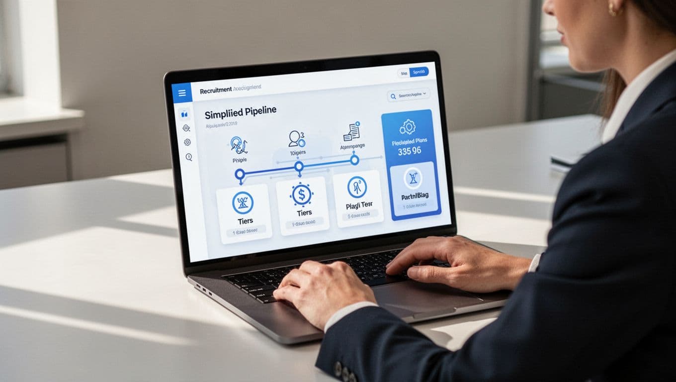 Recruiter at desk views laptop screen showing candidate pipelines and Pro $100, Business $150 pricing badges.