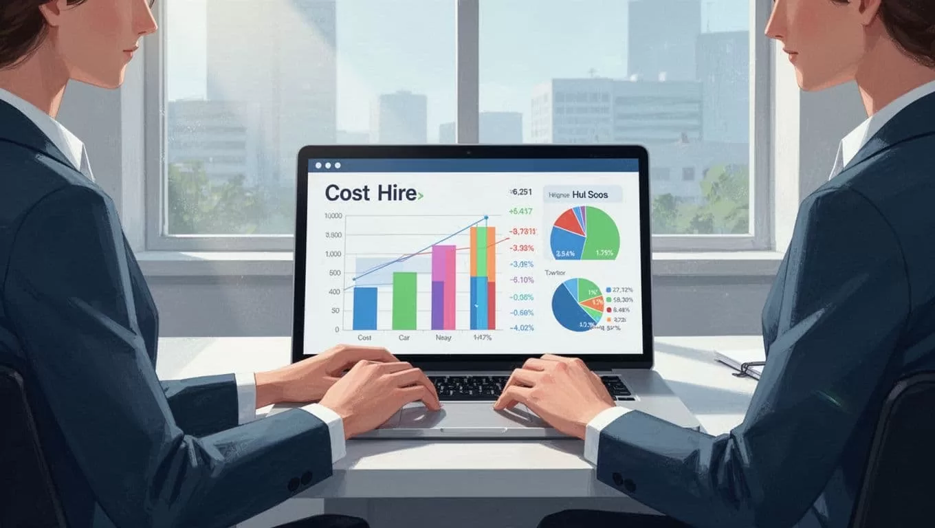 Recruiter at clean desk views laptop dashboard with recruiting cost bars and hire numbers, office window background.