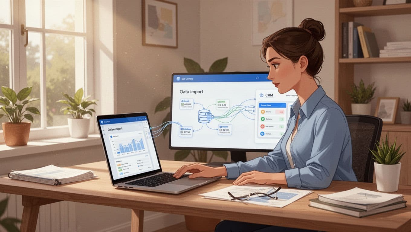 Solo recruiter in home office focuses on laptop screen displaying data flow from old database files to new CRM dashboard.