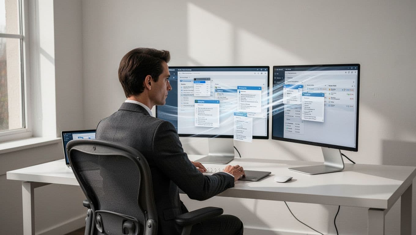 Recruiter at desk transfers files smoothly between two software dashboards on side-by-side screens.