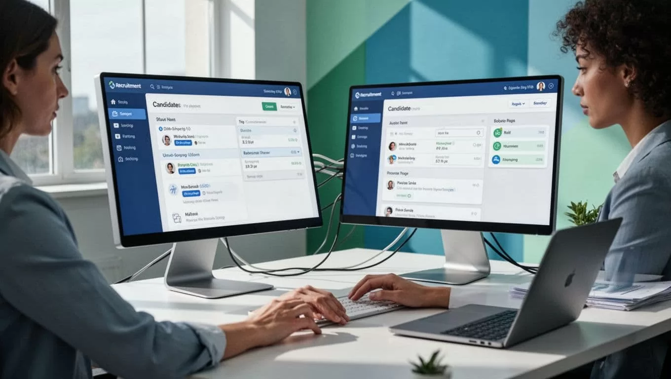 Recruiter at desk transfers candidate data from Loxo CRM monitor to Recruit CRM dashboard, cables connecting screens.
