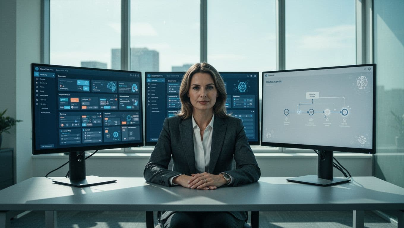 Recruiter at modern desk with left monitor showing cluttered traditional software and right displaying clean CRM pipeline, office window behind.
