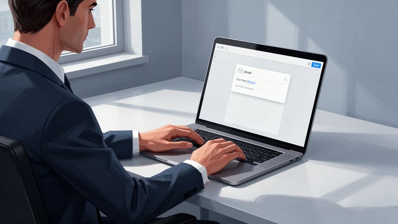 Recruiter at modern desk types on laptop showing Recruit CRM email templates section with editable form placeholders.